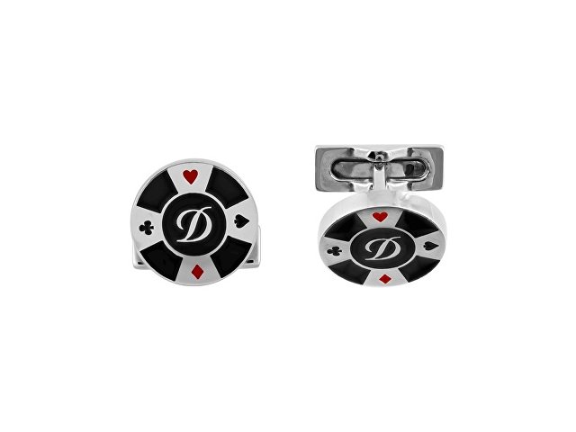картинка Запонки CASINO, круглые, черный и красный лак, палладиевая отделка, узор: карточные масти, логотип "D" от магазина Одежда+