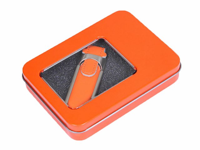 картинка Металлическая коробочка G04 оранжевого цвета с прозрачным окошком от магазина Одежда+