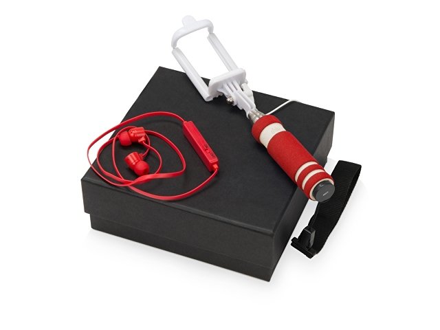 картинка Подарочный набор Selfie с Bluetooth наушниками и моноподом, красный от магазина Одежда+